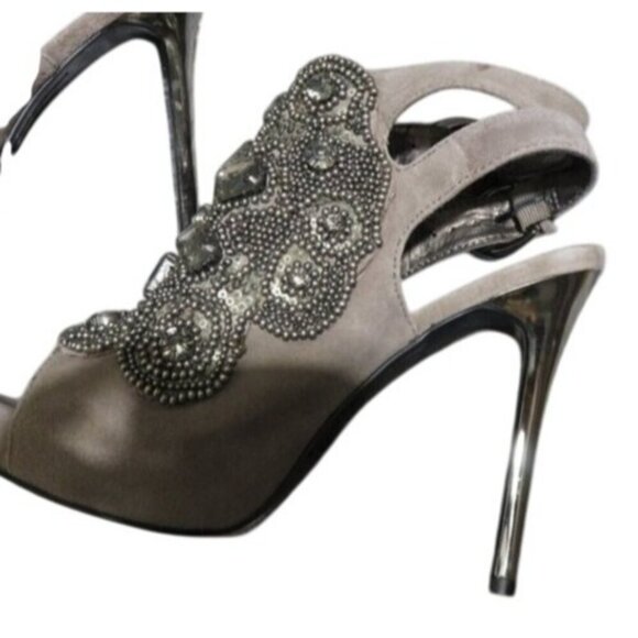 Sam Edelman Gray Ankle Strap High Heel Pumps Jeweled Stiletto's Size 6 1/2 - Picture 8 of 11
